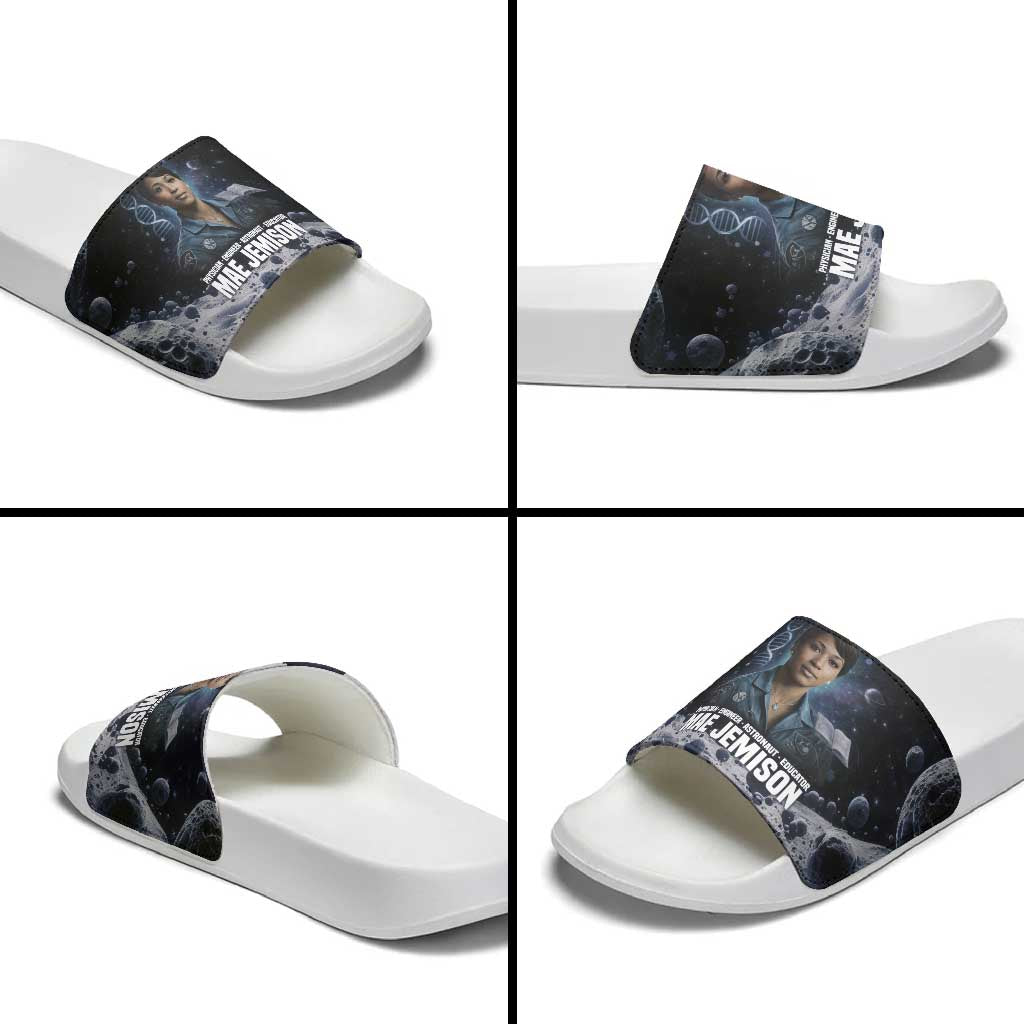 Mae Jemison Slide Sandals with Space Portrait Design, Science Has No Boundaries Quote and DNA Book Elements - African Pride