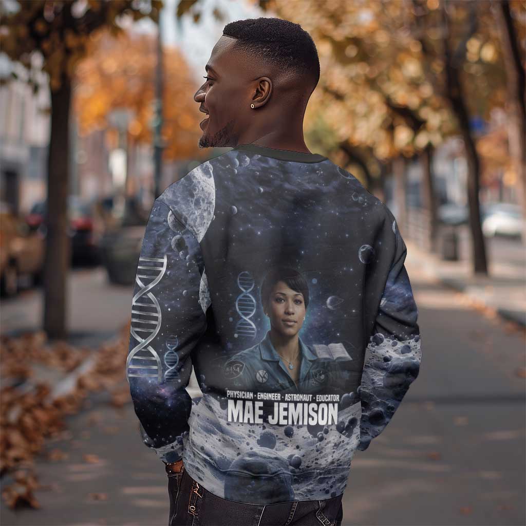 Mae Jemison Sweatshirt with Space Portrait Design, Science Has No Boundaries Quote and DNA Book Elements - African Pride