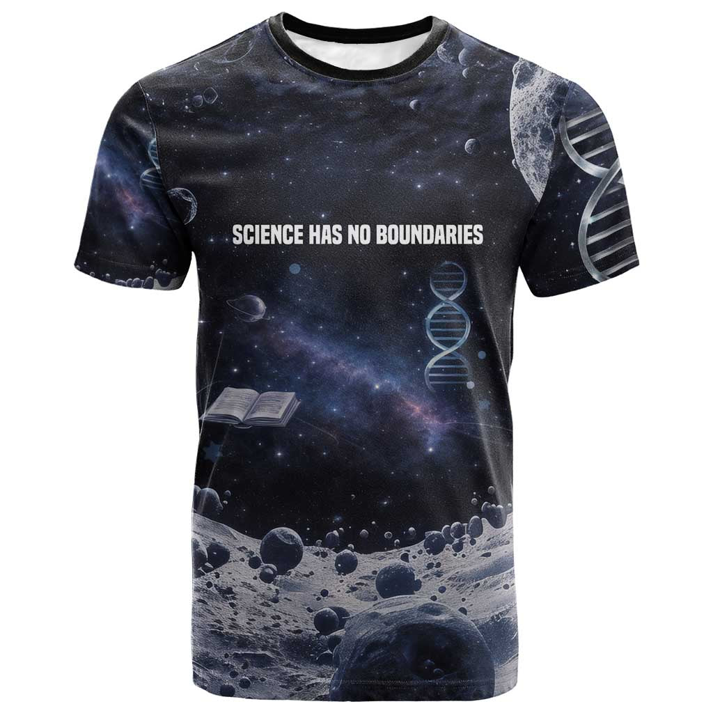 Mae Jemison T shirt with Space Portrait Design, Science Has No Boundaries Quote and DNA Book Elements - African Pride