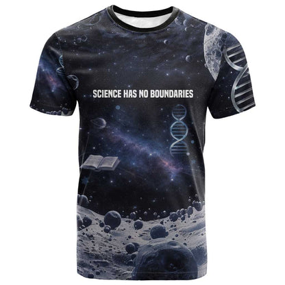 Mae Jemison T shirt with Space Portrait Design, Science Has No Boundaries Quote and DNA Book Elements - African Pride
