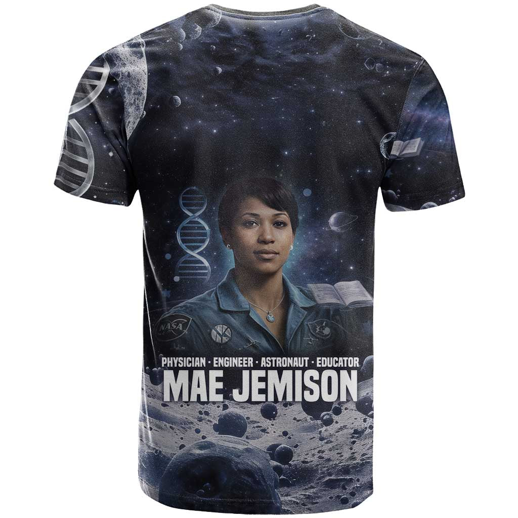 Mae Jemison T shirt with Space Portrait Design, Science Has No Boundaries Quote and DNA Book Elements - African Pride