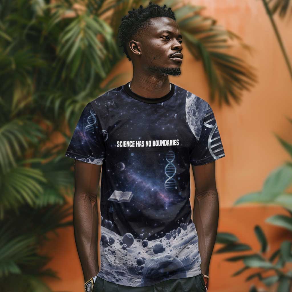 Mae Jemison T shirt with Space Portrait Design, Science Has No Boundaries Quote and DNA Book Elements - African Pride