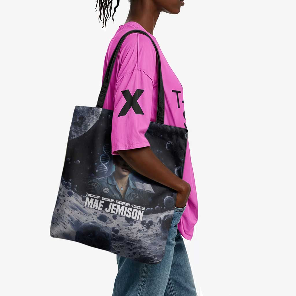 Mae Jemison Tote Bag with Space Portrait Design, Science Has No Boundaries Quote and DNA Book Elements - African Pride