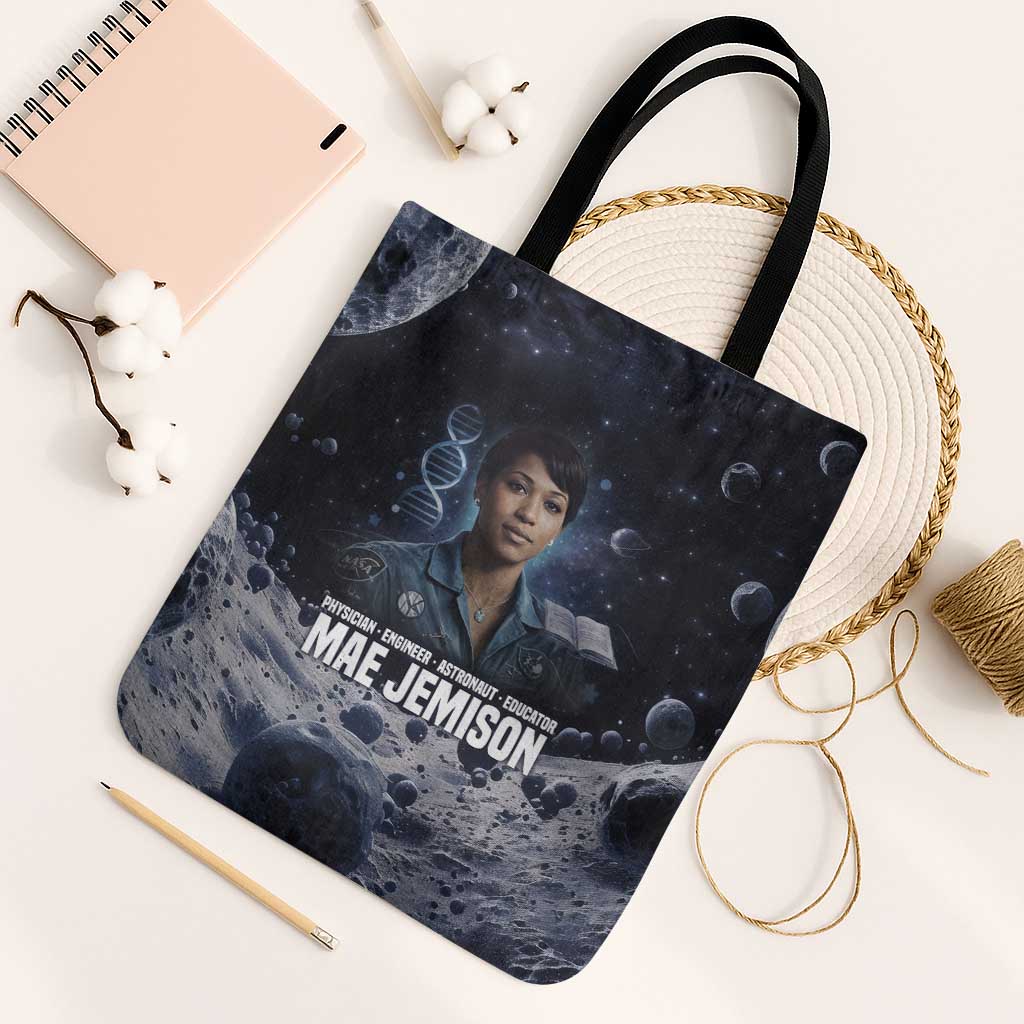 Mae Jemison Tote Bag with Space Portrait Design, Science Has No Boundaries Quote and DNA Book Elements - African Pride