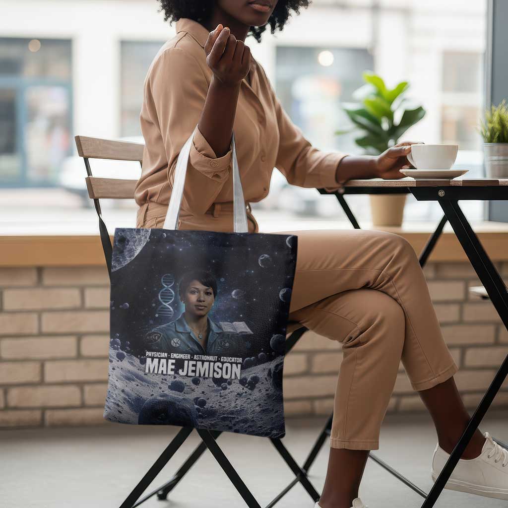 Mae Jemison Tote Bag with Space Portrait Design, Science Has No Boundaries Quote and DNA Book Elements - African Pride