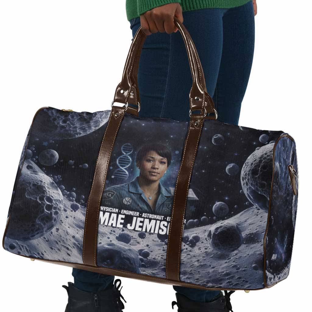 Mae Jemison Travel Bag with Space Portrait Design, Science Has No Boundaries Quote and DNA Book Elements - African Pride