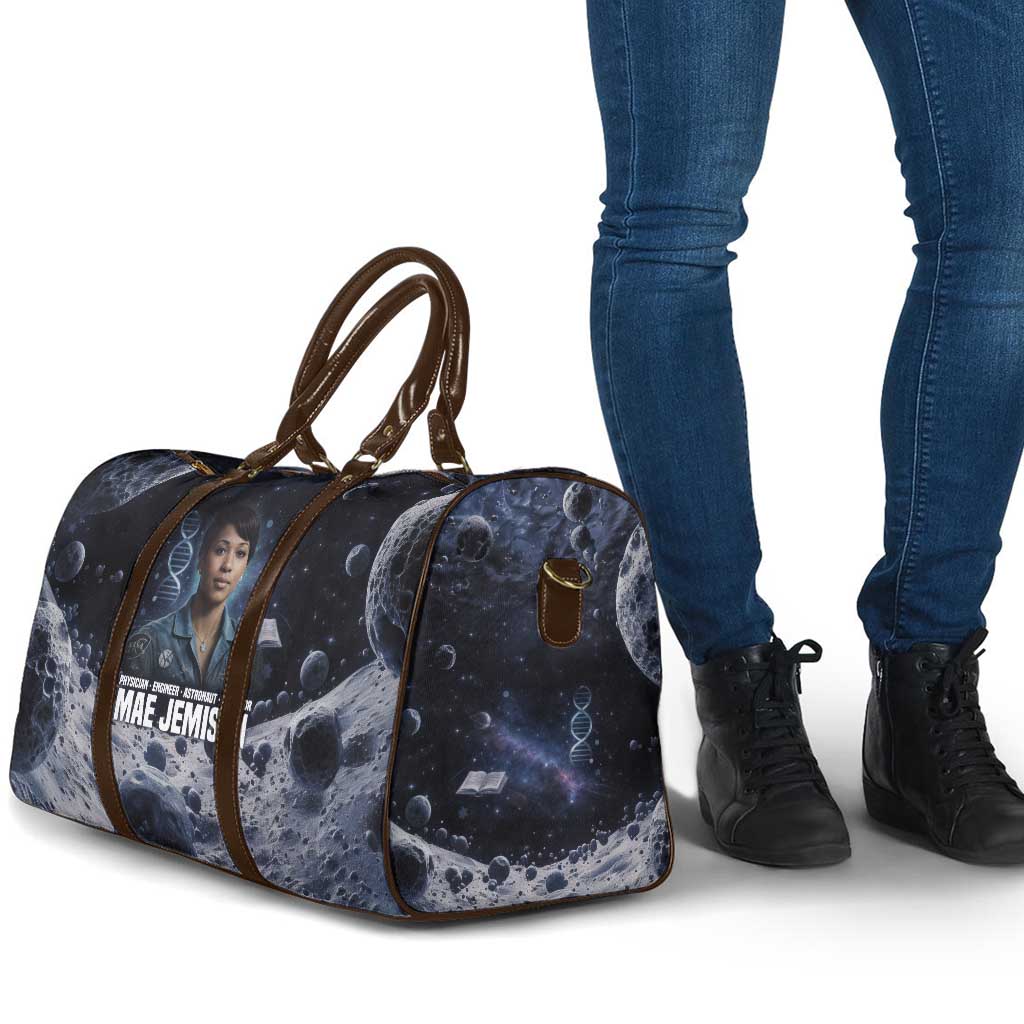Mae Jemison Travel Bag with Space Portrait Design, Science Has No Boundaries Quote and DNA Book Elements - African Pride