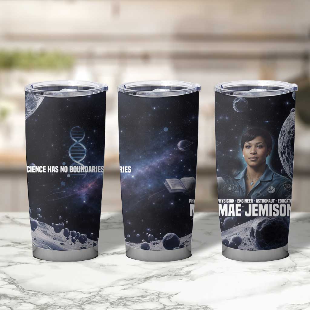 Mae Jemison Tumbler Cup with Space Portrait Design, Science Has No Boundaries Quote and DNA Book Elements - African Pride