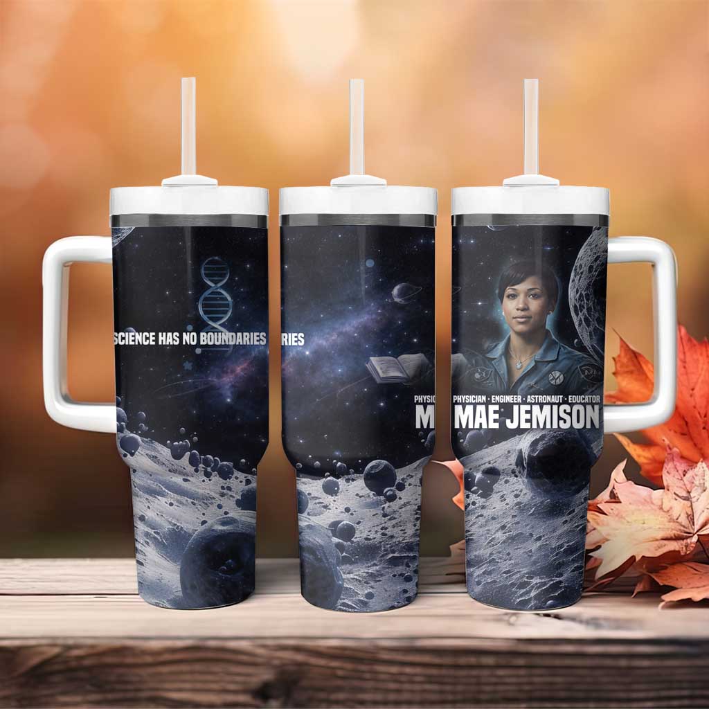 Mae Jemison Tumbler With Handle with Space Portrait Design, Science Has No Boundaries Quote and DNA Book Elements - African Pride