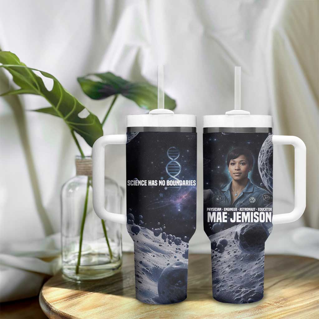 Mae Jemison Tumbler With Handle with Space Portrait Design, Science Has No Boundaries Quote and DNA Book Elements - African Pride