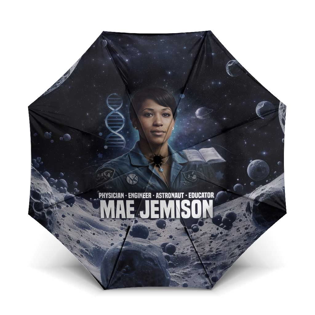 Mae Jemison Umbrella with Space Portrait Design, Science Has No Boundaries Quote and DNA Book Elements - African Pride