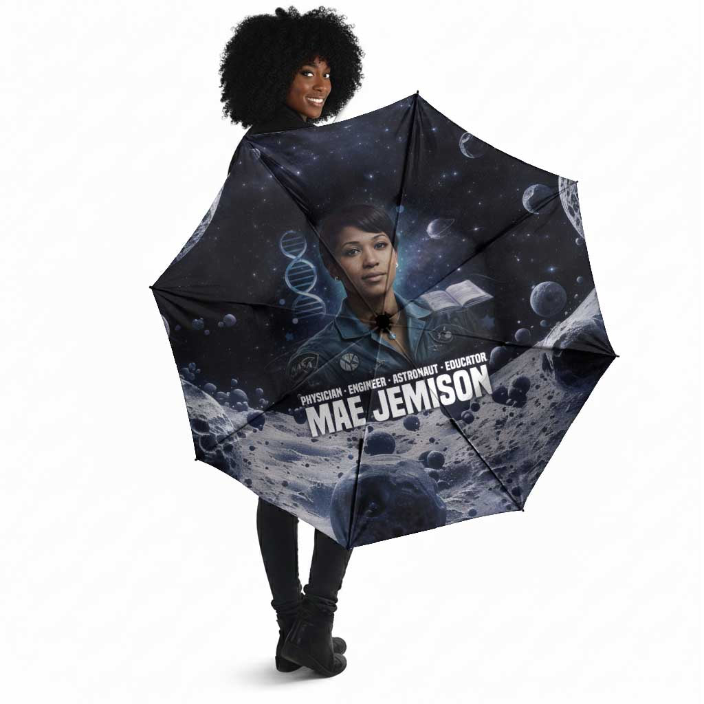 Mae Jemison Umbrella with Space Portrait Design, Science Has No Boundaries Quote and DNA Book Elements - African Pride