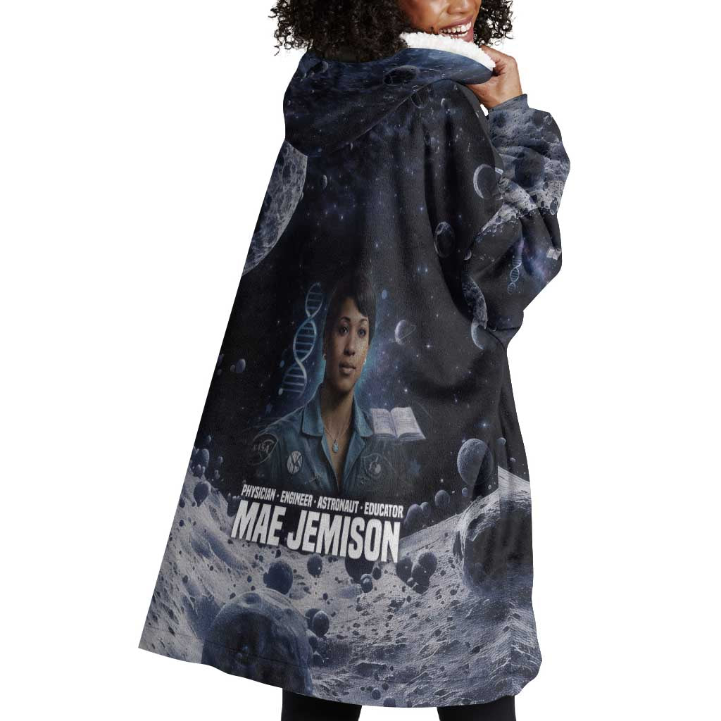 Mae Jemison Wearable Blanket Hoodie with Space Portrait Design, Science Has No Boundaries Quote and DNA Book Elements - African Pride