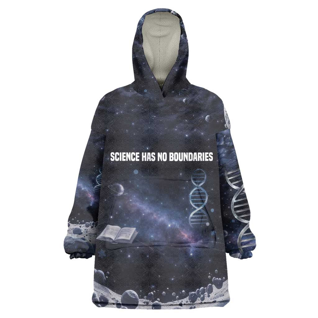 Mae Jemison Wearable Blanket Hoodie with Space Portrait Design, Science Has No Boundaries Quote and DNA Book Elements - African Pride