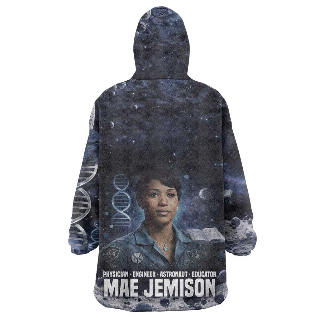 Mae Jemison Wearable Blanket Hoodie with Space Portrait Design, Science Has No Boundaries Quote and DNA Book Elements - African Pride