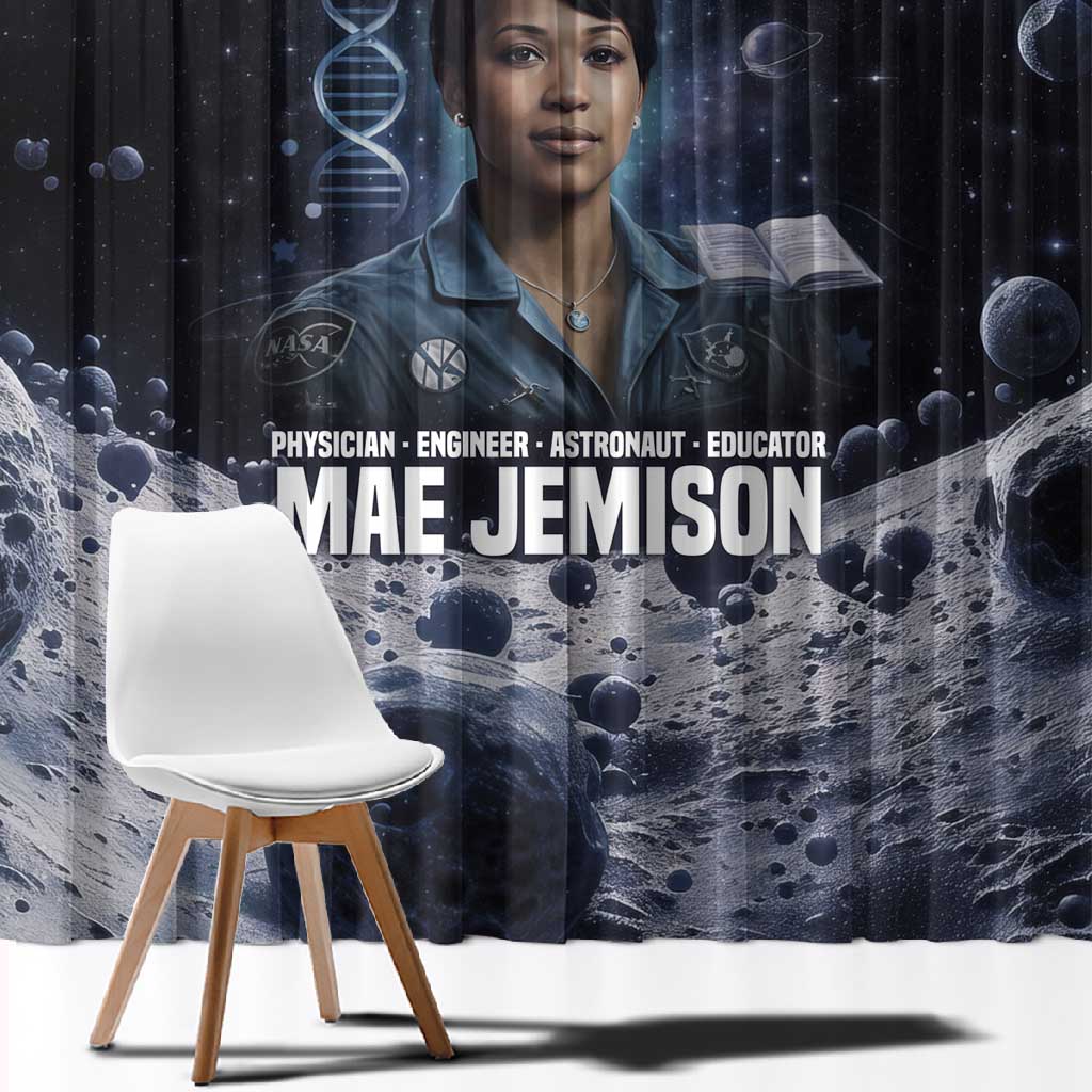 Mae Jemison Window Curtain with Space Portrait Design, Science Has No Boundaries Quote and DNA Book Elements - African Pride