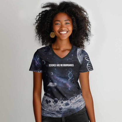 Mae Jemison Women V-Neck T-Shirt with Space Portrait Design, Science Has No Boundaries Quote and DNA Book Elements - African Pride