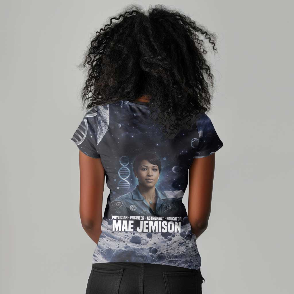 Mae Jemison Women V-Neck T-Shirt with Space Portrait Design, Science Has No Boundaries Quote and DNA Book Elements - African Pride
