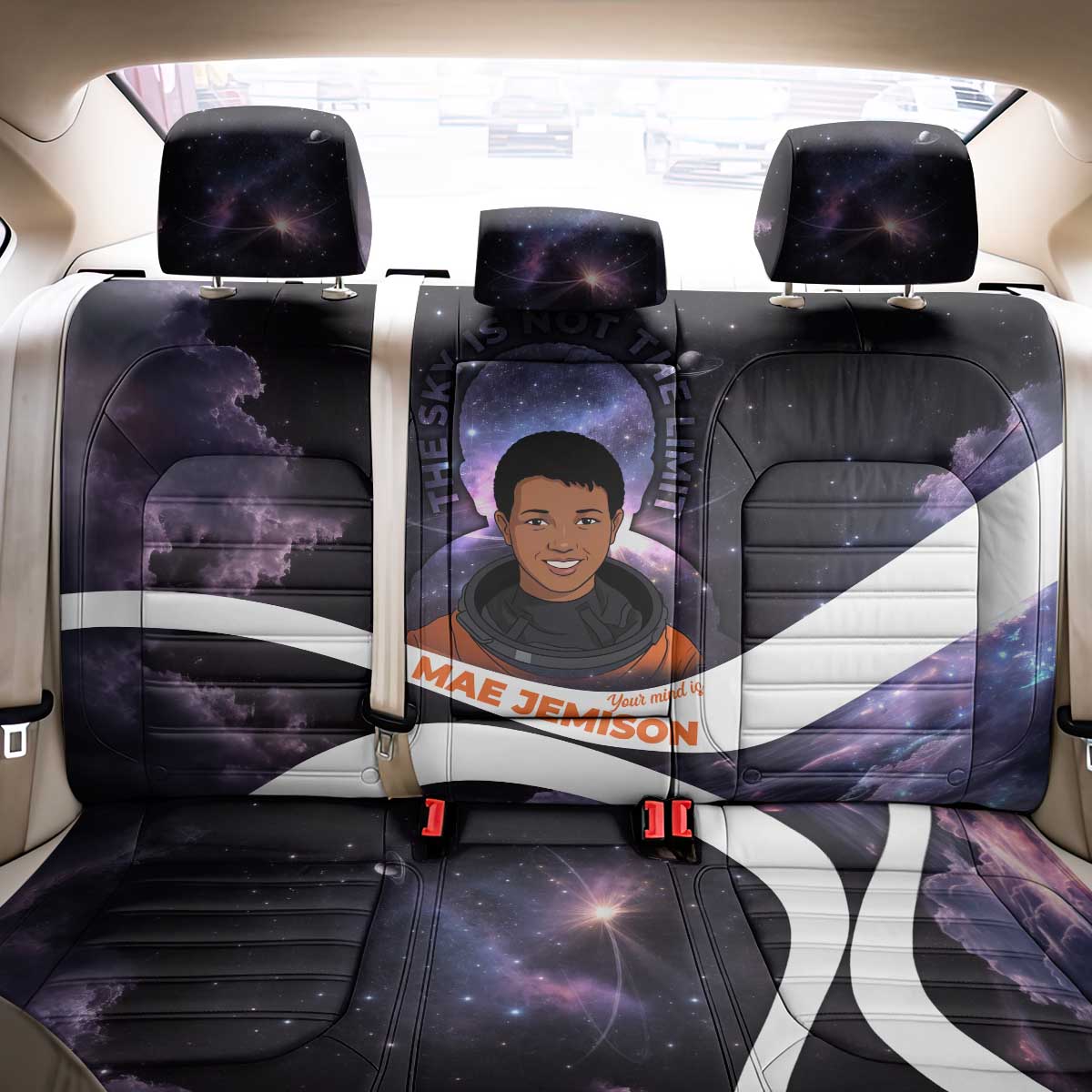 Mae Jemison Back Car Seat Cover Cartoon Astronaut Portrait, The Sky Is Not the Limit Quote and Galaxy Dreamer - African Pride