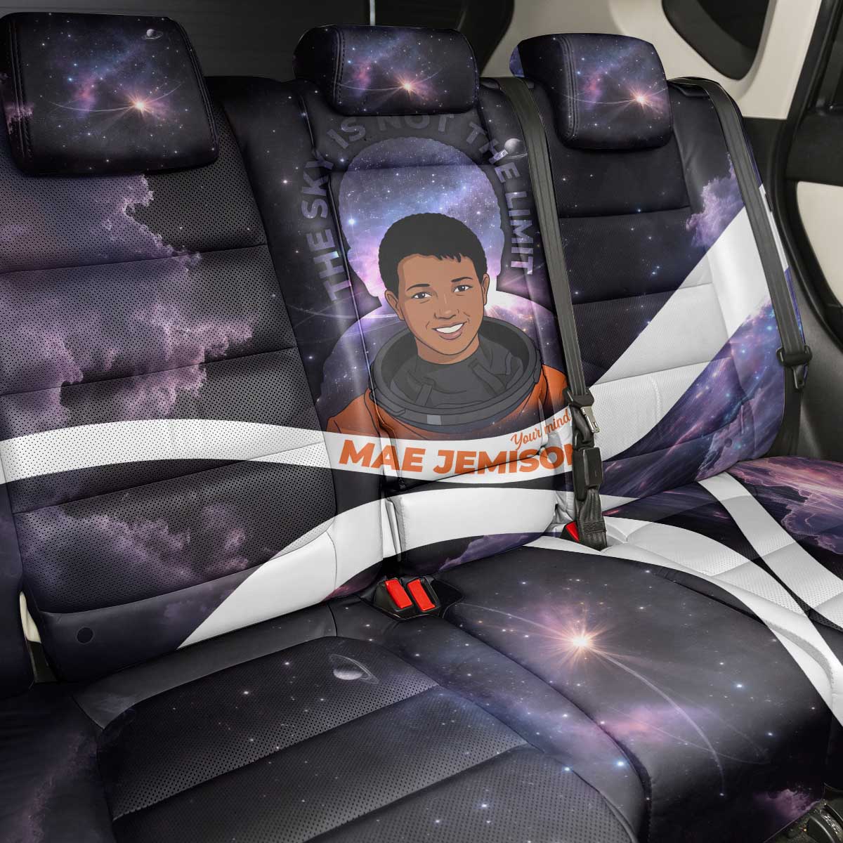 Mae Jemison Back Car Seat Cover Cartoon Astronaut Portrait, The Sky Is Not the Limit Quote and Galaxy Dreamer - African Pride