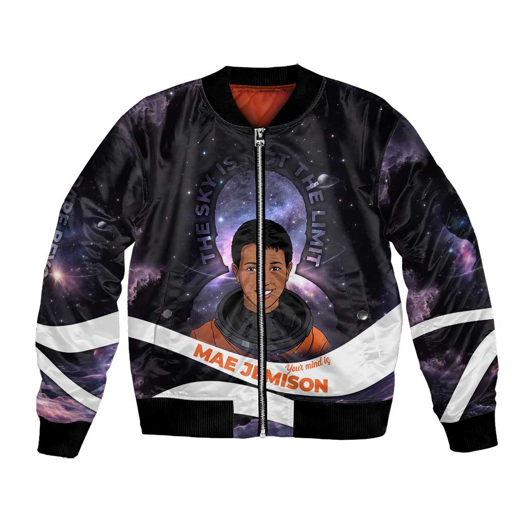 Mae Jemison Bomber Jacket Cartoon Astronaut Portrait, The Sky Is Not the Limit Quote and Galaxy Dreamer - African Pride
