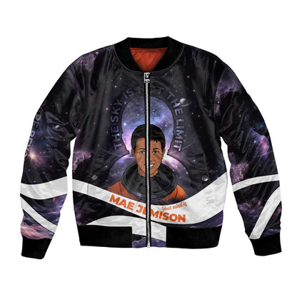 Mae Jemison Bomber Jacket Cartoon Astronaut Portrait, The Sky Is Not the Limit Quote and Galaxy Dreamer - African Pride