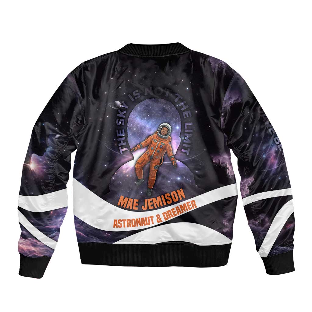 Mae Jemison Bomber Jacket Cartoon Astronaut Portrait, The Sky Is Not the Limit Quote and Galaxy Dreamer - African Pride