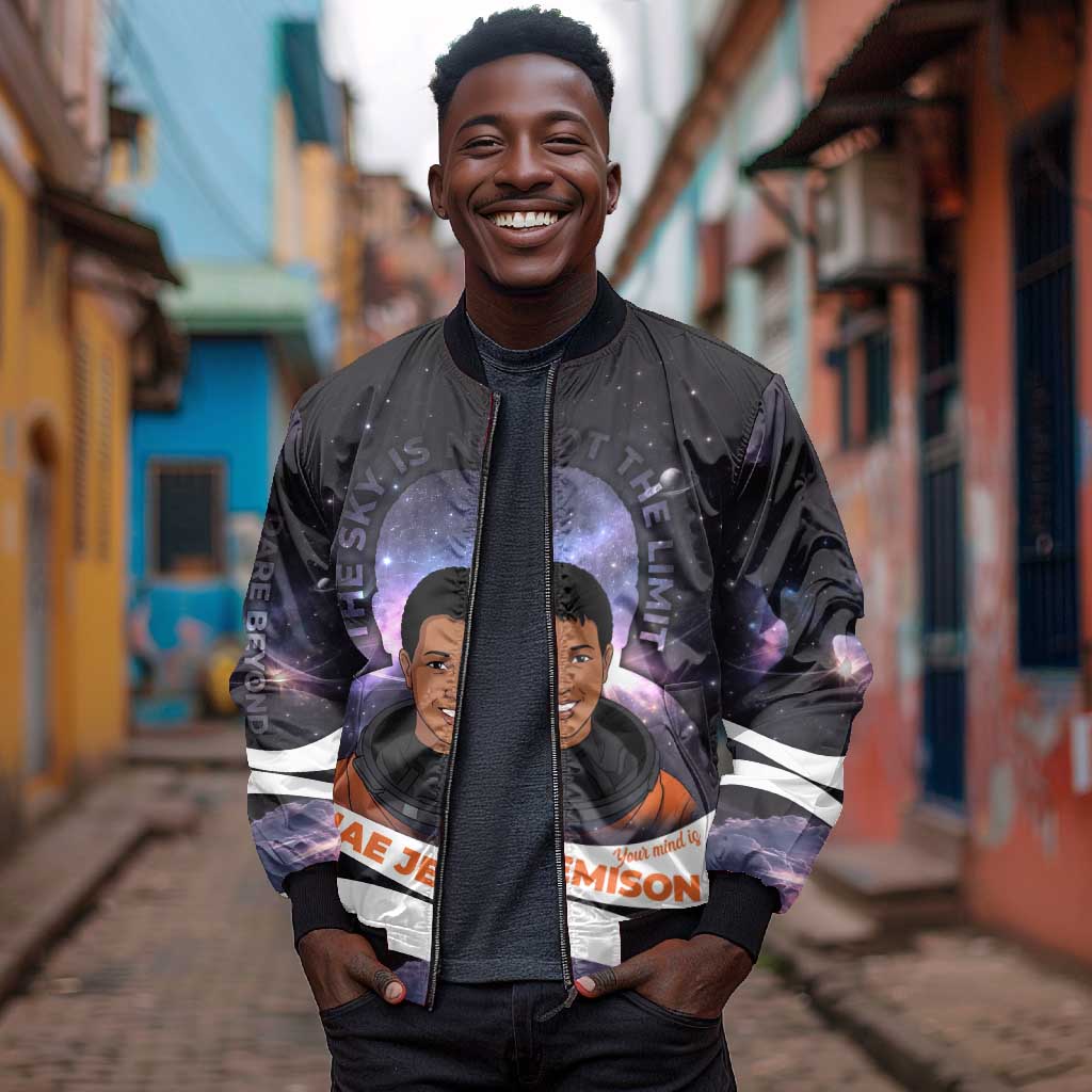 Mae Jemison Bomber Jacket Cartoon Astronaut Portrait, The Sky Is Not the Limit Quote and Galaxy Dreamer - African Pride