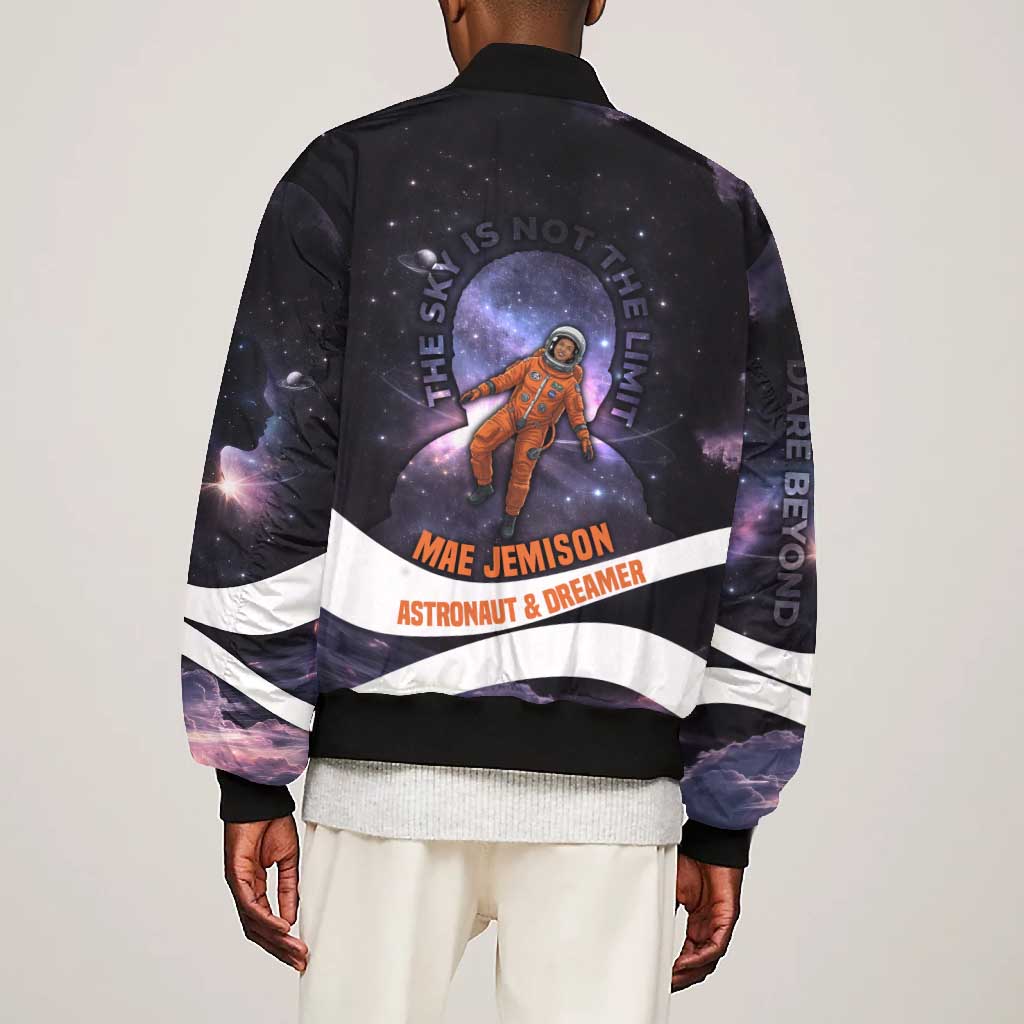 Mae Jemison Bomber Jacket Cartoon Astronaut Portrait, The Sky Is Not the Limit Quote and Galaxy Dreamer - African Pride