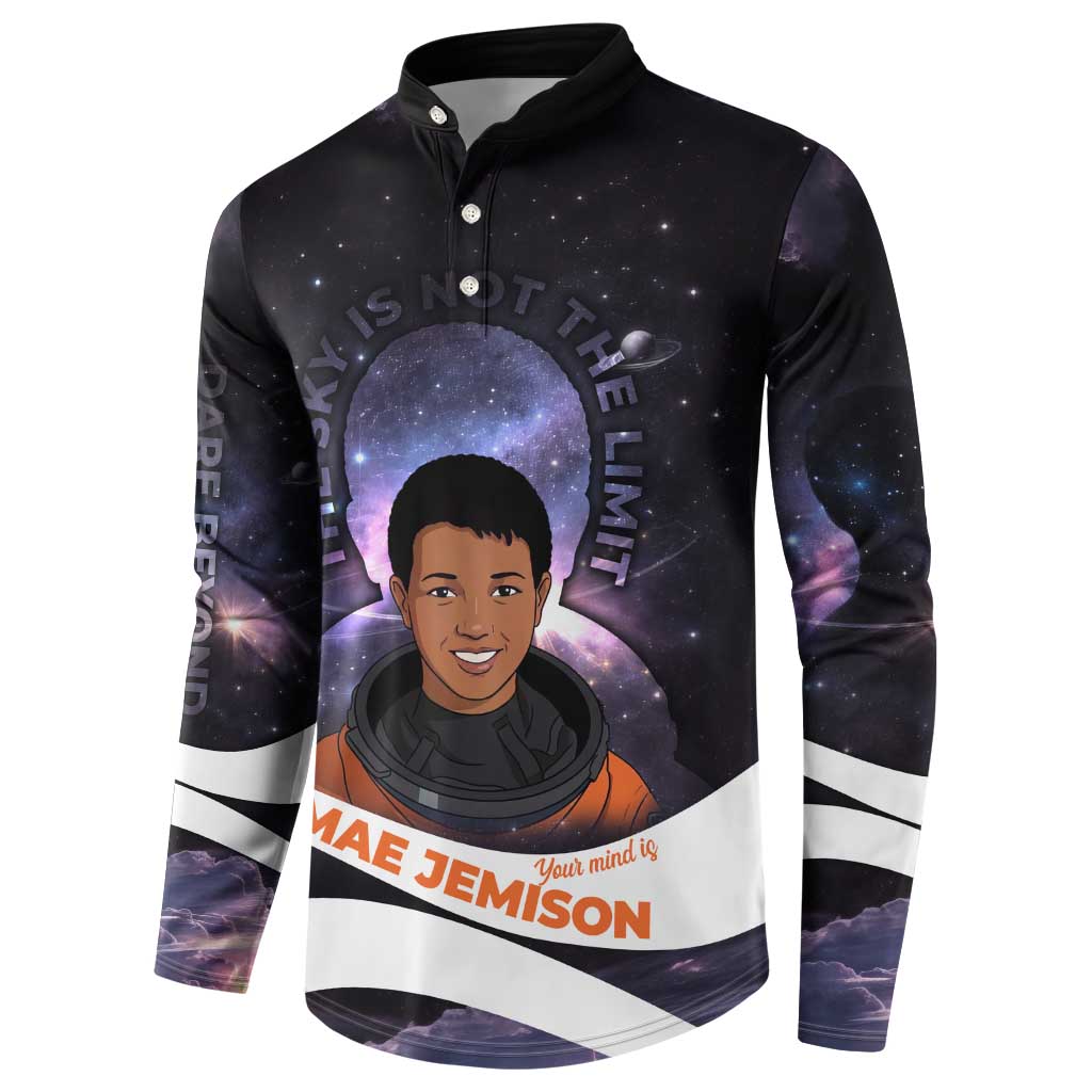 Mae Jemison Button Sweatshirt Cartoon Astronaut Portrait, The Sky Is Not the Limit Quote and Galaxy Dreamer