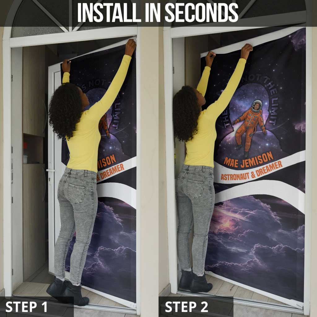 Mae Jemison Door Cover Cartoon Astronaut Portrait, The Sky Is Not the Limit Quote and Galaxy Dreamer - African Pride