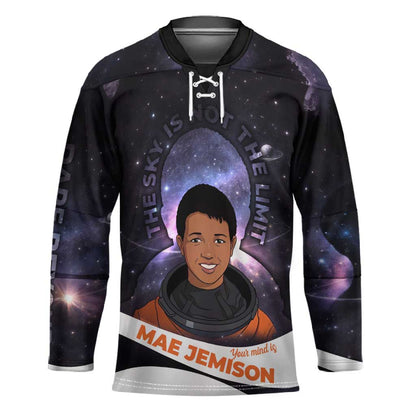 Mae Jemison Hockey Jersey Cartoon Astronaut Portrait, The Sky Is Not the Limit Quote and Galaxy Dreamer - African Pride