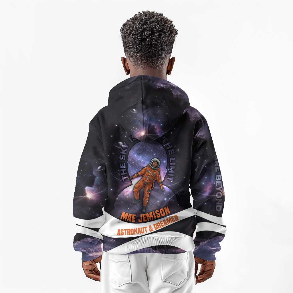 Mae Jemison Kid Hoodie Cartoon Astronaut Portrait, The Sky Is Not the Limit Quote and Galaxy Dreamer - African Pride