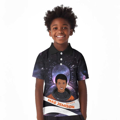 Mae Jemison Kid Polo Shirt Cartoon Astronaut Portrait, The Sky Is Not the Limit Quote and Galaxy Dreamer - African Pride