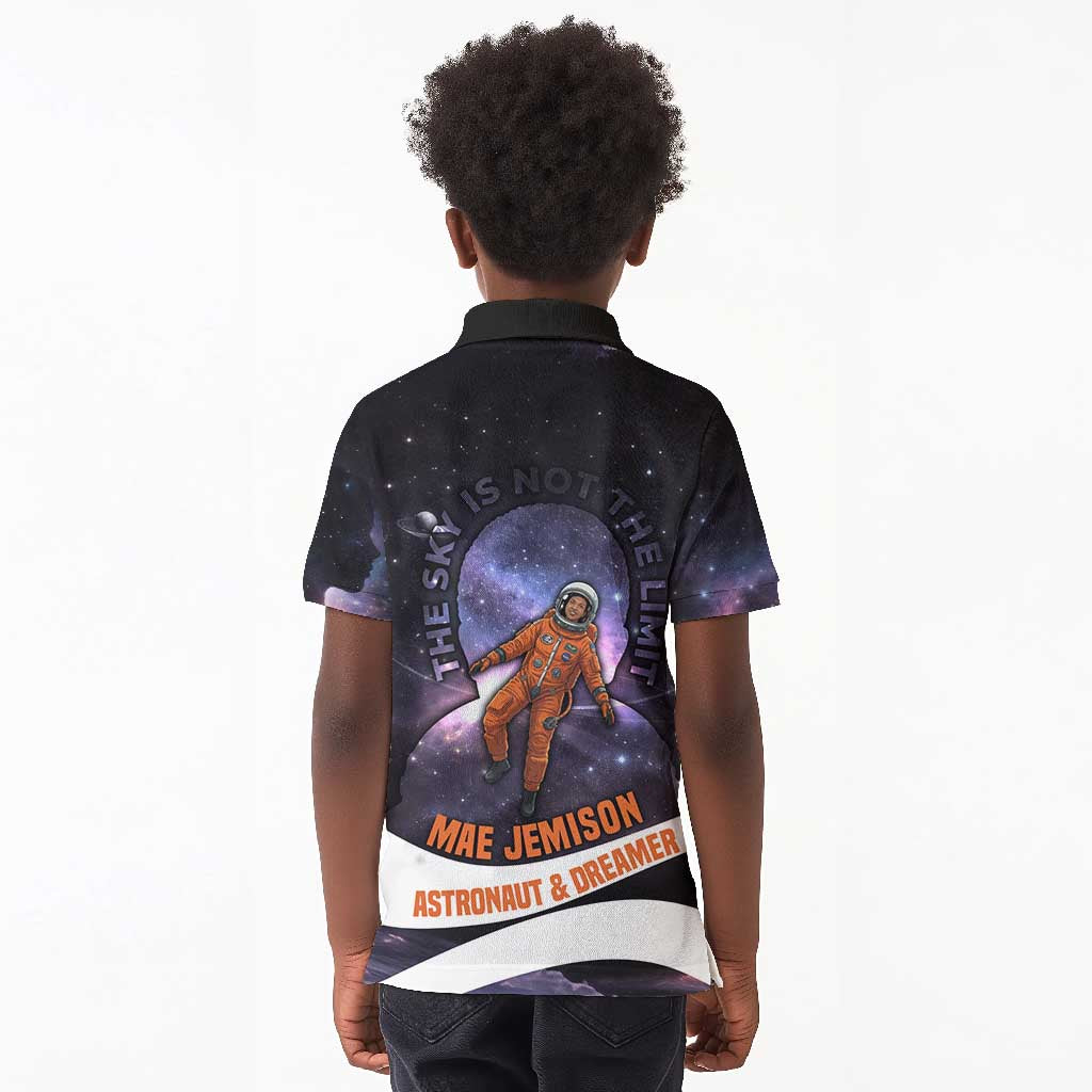 Mae Jemison Kid Polo Shirt Cartoon Astronaut Portrait, The Sky Is Not the Limit Quote and Galaxy Dreamer - African Pride