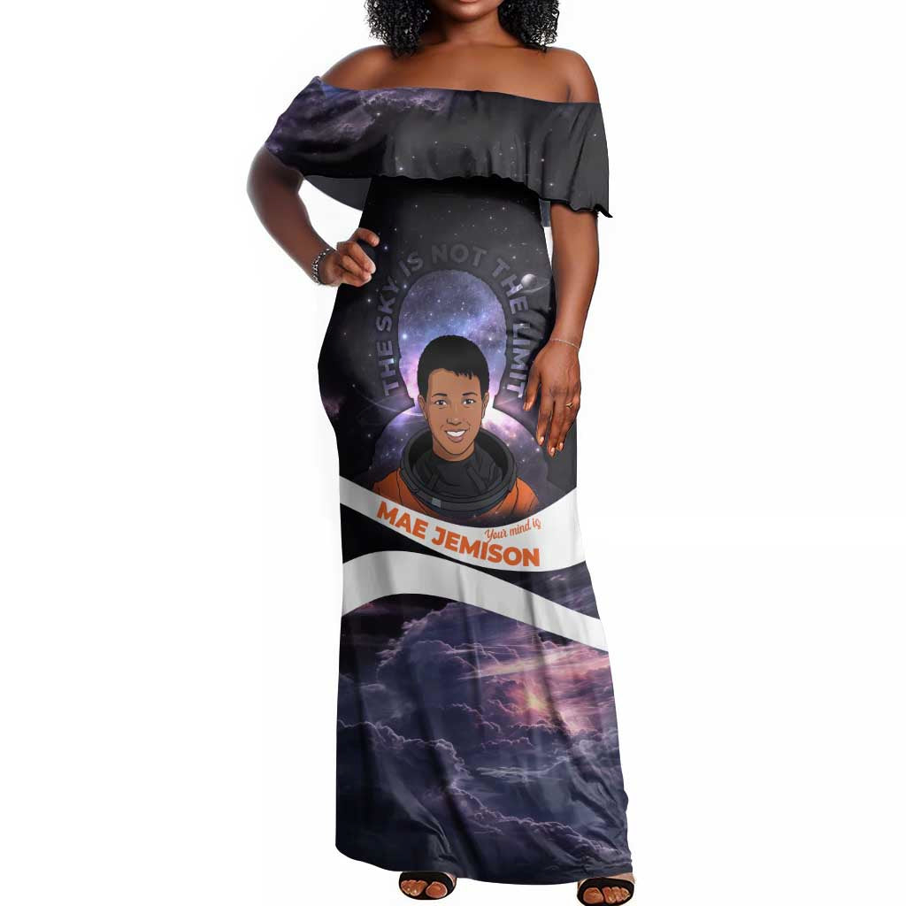 Mae Jemison Off Shoulder Maxi Dress Cartoon Astronaut Portrait, The Sky Is Not the Limit Quote and Galaxy Dreamer - African Pride