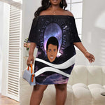 Mae Jemison Off Shoulder Short Dress Cartoon Astronaut Portrait, The Sky Is Not the Limit Quote and Galaxy Dreamer - African Pride