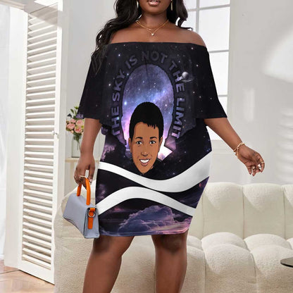 Mae Jemison Off Shoulder Short Dress Cartoon Astronaut Portrait, The Sky Is Not the Limit Quote and Galaxy Dreamer - African Pride