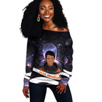 Mae Jemison Off Shoulder Sweater Cartoon Astronaut Portrait, The Sky Is Not the Limit Quote and Galaxy Dreamer - African Pride