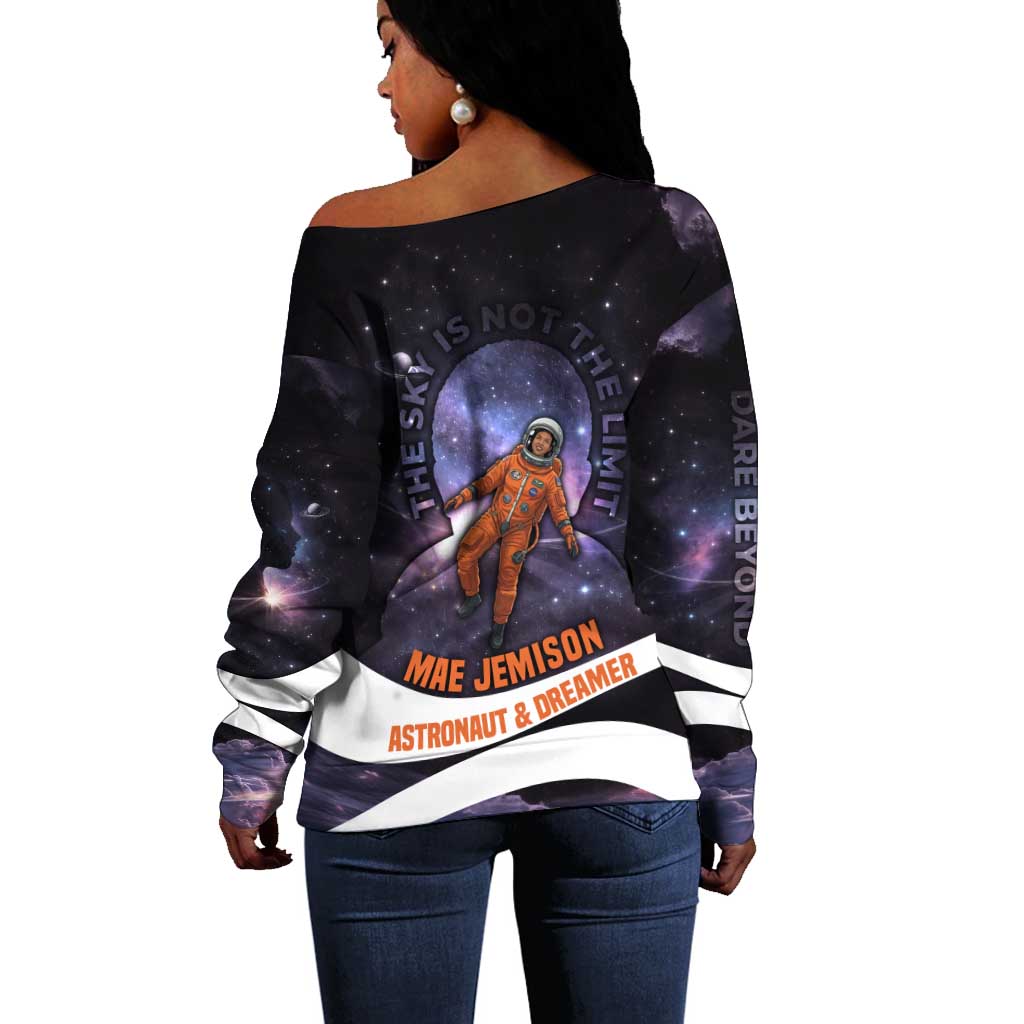 Mae Jemison Off Shoulder Sweater Cartoon Astronaut Portrait, The Sky Is Not the Limit Quote and Galaxy Dreamer - African Pride
