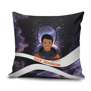 Mae Jemison Pillow Cover Cartoon Astronaut Portrait, The Sky Is Not the Limit Quote and Galaxy Dreamer - African Pride
