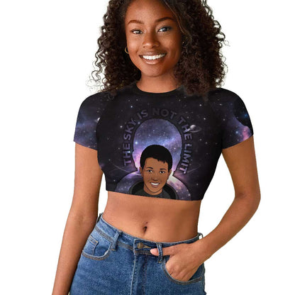 Mae Jemison Raglan Cropped T shirt Cartoon Astronaut Portrait, The Sky Is Not the Limit Quote and Galaxy Dreamer - African Pride