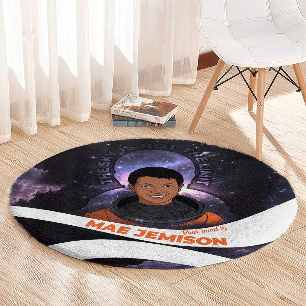 Mae Jemison Round Carpet Cartoon Astronaut Portrait, The Sky Is Not the Limit Quote and Galaxy Dreamer - African Pride