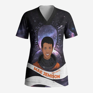 Mae Jemison Scrub Top Cartoon Astronaut Portrait, The Sky Is Not the Limit Quote and Galaxy Dreamer - African Pride