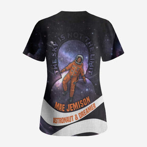 Mae Jemison Scrub Top Cartoon Astronaut Portrait, The Sky Is Not the Limit Quote and Galaxy Dreamer - African Pride