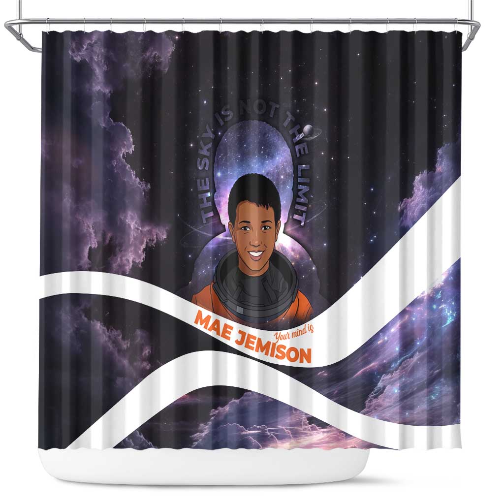 Mae Jemison Shower Curtain Cartoon Astronaut Portrait, The Sky Is Not the Limit Quote and Galaxy Dreamer - African Pride