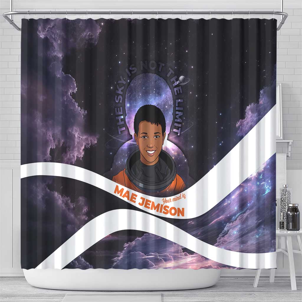 Mae Jemison Shower Curtain Cartoon Astronaut Portrait, The Sky Is Not the Limit Quote and Galaxy Dreamer - African Pride