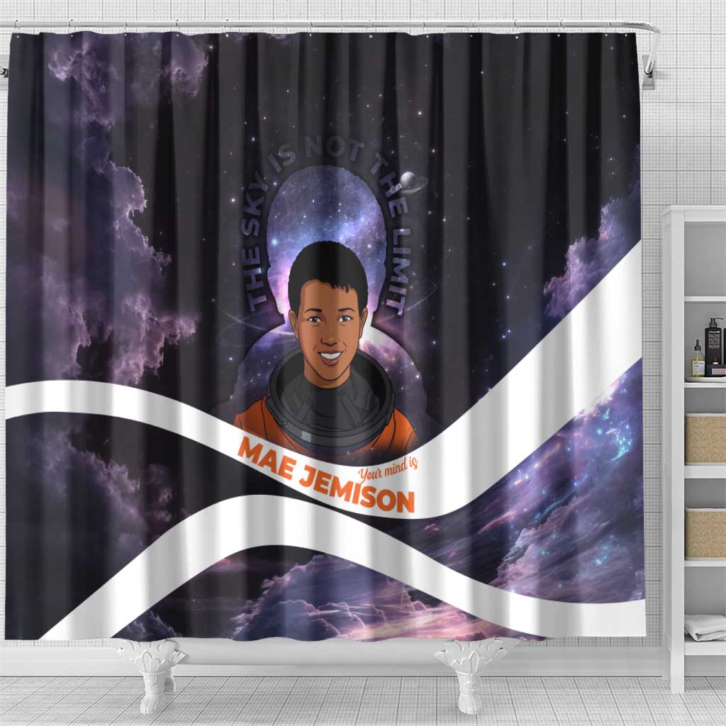 Mae Jemison Shower Curtain Cartoon Astronaut Portrait, The Sky Is Not the Limit Quote and Galaxy Dreamer - African Pride
