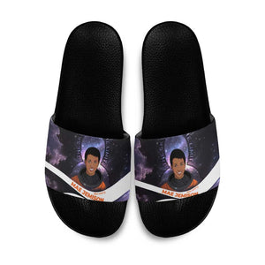 Mae Jemison Slide Sandals Cartoon Astronaut Portrait, The Sky Is Not the Limit Quote and Galaxy Dreamer - African Pride