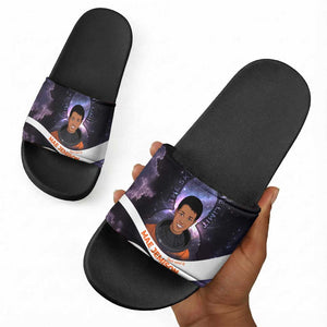 Mae Jemison Slide Sandals Cartoon Astronaut Portrait, The Sky Is Not the Limit Quote and Galaxy Dreamer - African Pride